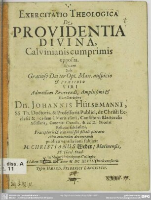 Exercitatio theologica de providentia divina Calvinianis cum primis opposita