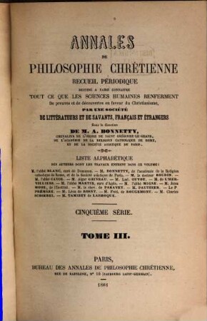 Annales de philosophie chrétienne. 62 = Sér. 5, T. 3. 1861
