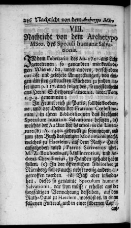 Nachricht von dem Archetypo MSto. des Speculi humanae Salvationis.
