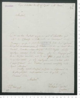 Brief von Friedrich Wilhelm Christian von Zastrow an Jean Pierre Erman, geschrieben von Unbekannt