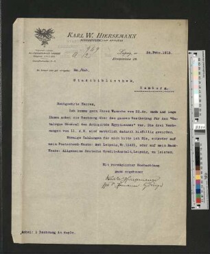 Brief von Karl W. Hiersemann an die Direktion der StB Hamburg, Leipzig