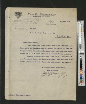 Brief von Karl W. Hiersemann an die Direktion der StB Hamburg, Leipzig