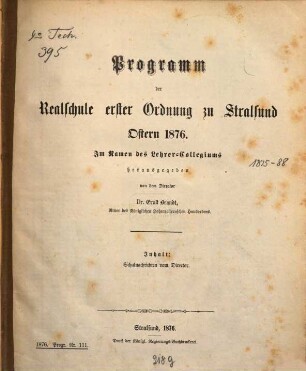 Programm der Realschule Erster Ordnung zu Stralsund : Ostern .... 1875/76