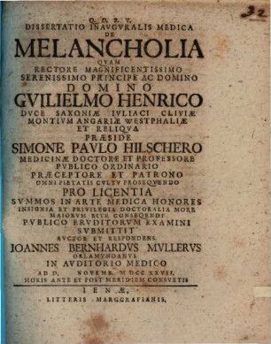 Diss. inaug. med. de melancholia
