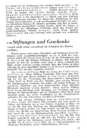 VIII. Stiftungen und Geschenke