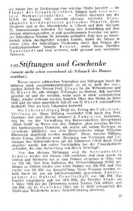 VIII. Stiftungen und Geschenke