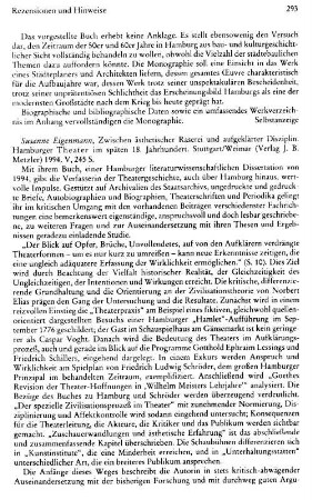 Eigenmann, Susanne :: Zwischen ästhetischer Raserei und aufgeklärter Disziplin, Hamburger Theater im späten 18. Jahrhundert : Stuttgart u.a., Metzler, 1994