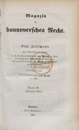 4.1854: Magazin für hannoversches Recht