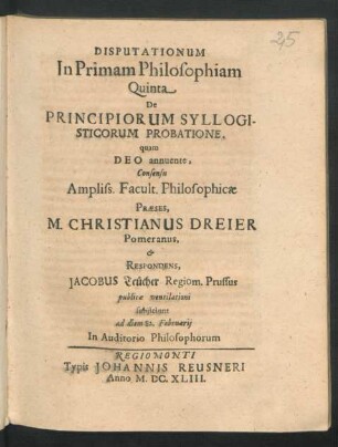 Disputationum In Primam Philosophiam Quinta De Principiorum Syllogisticorum Probatione