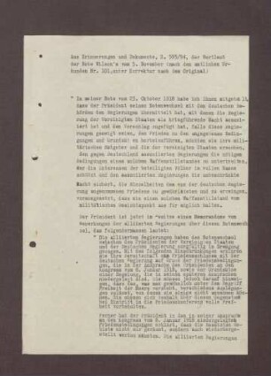 Auszug aus "Erinnerungen und Dokumente" über den Wortlaut der Wilson Note vom 5. November 1918 und deren Überbringung durch Robert Lansing