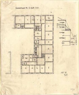 Fischer, Theodor; München, Luisenstr. 49; Wohnhaus - Grundriss 1. OG, Schnitt