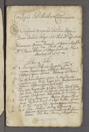 [Katalog der St. Katharinen Bibliothek in Hamburg (1678)]