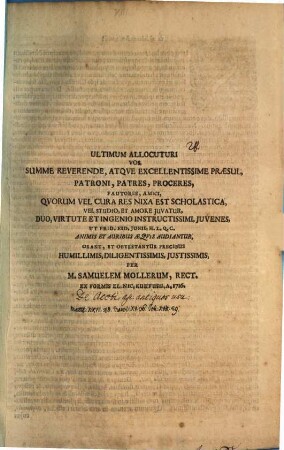 Ultimum allocuturi vos, summe reverende praesul, patroni ... duo ... iuvenes ut prid. Eid. Iun. ... audiantur, orant : [Programma invitatorium quo simul de aceti apud Veteres usu disseritur]