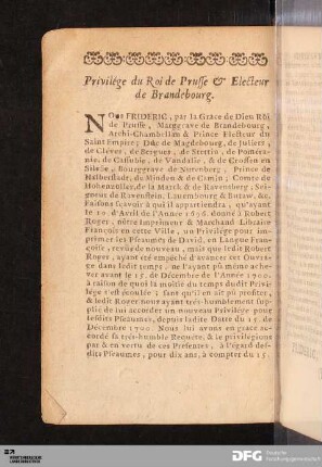 Privilége du Roi de Prusse & Electeur de Brandebourg.