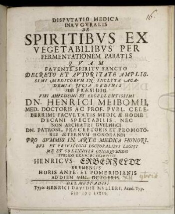 Disputatio Medica Inauguralis De Spiritibus Ex Vegetabilibus Per Fermentationem Paratis