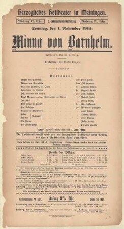 Theaterzettel zur Aufführung des Lustspiels "Minna von Barnhelm. von Gotthold Ephraim Lessing" in der Spielzeit 1914/15 des Herzoglichen Hoftheaters in Meiningen.