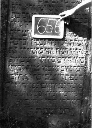 Grabstein 656 (Index: 100104934) Material: Sandstein Zustand: leicht verwittert Maße HxBxT: 170x89x14 cm Beschreibung: Stele, eingezogener Rundbogenabschluss mit Verdachung, auf den Einzügen Kugelaufsätze, Schriftfeld eingetieft, im Bogenfeld gekreuzte Akanthusblätter, an den seitlichen Rahmen Blütenfries Symbolik: Blütenfries, gekreuzte Akanthusblätter Besonderheit: kulturhistorisch wertvoll / künstl.-formale Gründe (Inschrift): Grabstein 656 (Detailaufnahme 1)