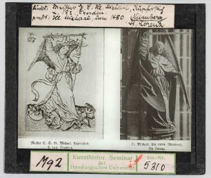 links Meister d. Hl. Michael, Kupfertich (Dresden), rechts Hl. Michael, um 1480 in Nürnberg, St. Lorenz