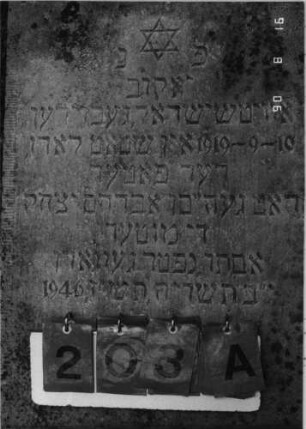 Grabstein 203 (Index: 99618312) Maße HxBxT: 100x50xo.A. cm Symbolik: Davidstern Besonderheit: Dopppelgrab?: Grabstein 203A