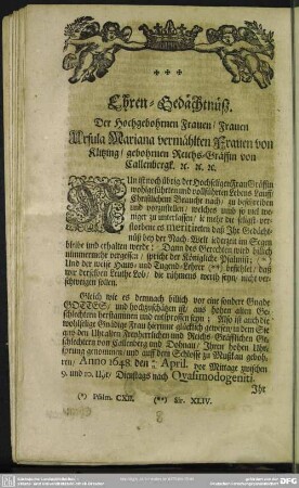 Ehren-Gedächtnüß Der Hochgebohrnen Frauen, Frauen Ursula Mariana vermählten Frauen von Klitzing, gebohrnen Reichs-Gräffin von Callenbergk, [et]c. [et]c. [et]c.