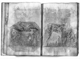 Illustration und Textseite aus "Deutsche Historienbibel", Seite 14r. Malerei, Pergament, Hagenau, nach 1450. Dresden, SLUB A.49