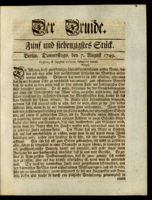 Fünf und siebenzigstes Stück. Berlin, Donnerstags, den 7. August 1749