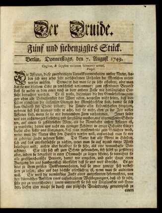 Fünf und siebenzigstes Stück. Berlin, Donnerstags, den 7. August 1749