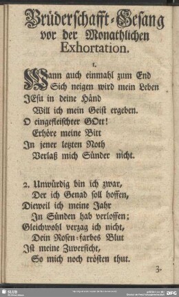 Brüderschafft-Gesang vor der Monathlichen Exhoration