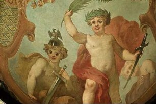 Decke mit Arabesken, dem brandenburgischen Adler und Allegorien auf Herkulestugenden in den vier Ecken