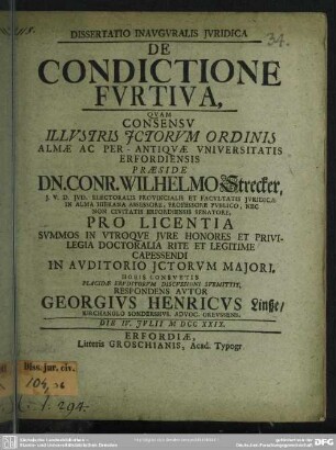 Dissertatio Inauguralis Iuridica De Condictione Furtiva