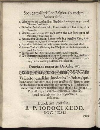 Duodecim Postulata R. P. Iodoci Kedd, Soc. Jesu