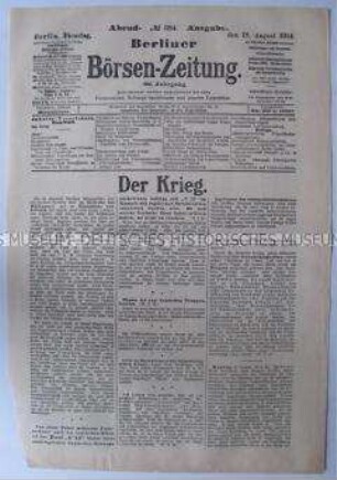 Titelblatt der "Berliner Börsen-Zeitung" zum Kriegsgeschehen