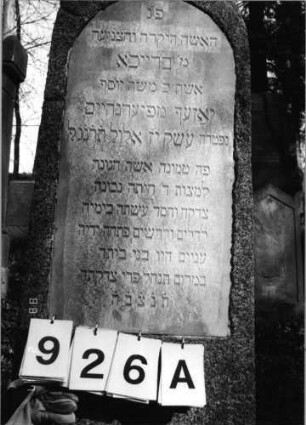 Grabstein 926 (Index: 99802592) Material: Marmorpplatte in Granitblock Zustand: sehr gut Maße HxBxT: 260x58x46 cm Beschreibung: Sockel, Stele mit Rundbogen und aufgesetztem Gefäß Symbolik: Gefäß Besonderheit: Endreim, längerer Text: Grabstein 926A