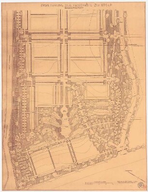 Erweiterung der Friedhöfe, Stolp: (Lichtpause von Inv.-Nr. 41193): Grundriss (Belegungsplan) des nordwestlichen Teils (1.Bauabschnitt) der geplanten Erweiterung des Friedhofs mit Höhenlinien 1:250, Maßstabsleiste; Stempel