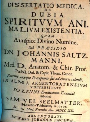 Dissertatio Medica, De Dubia Spiritvvm Animalivm Existentia