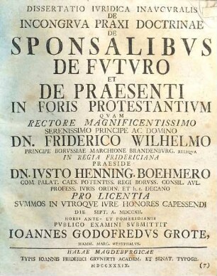 Dissertatio iuridica inauguralis de incongrua praxi doctrinae de sponsalibus de futuro de praesenti in foris Protestantium