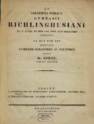 Ad solemnia publica Gymnasii Richlinghusiani ... instituenda ea qua par est observantia gymnasii curatores ac fautores invitat. 1838/39