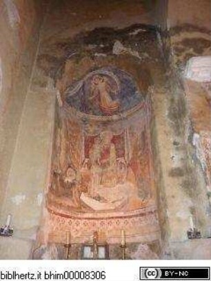 Thronende Madonna, flankiert von den heiligen mönchen Lazarus (?) und Johannes (?) und heiligen Petrus