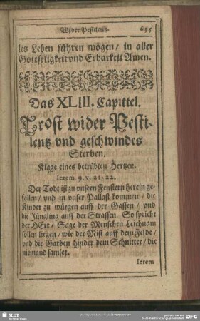 Das XLIII. Capittel. Trost wider Pestilentz und geschwindes Sterben