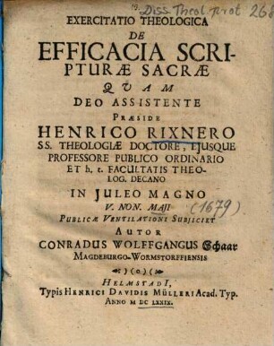 Exercitatio Theologica De Efficacia Scripturae Sacrae