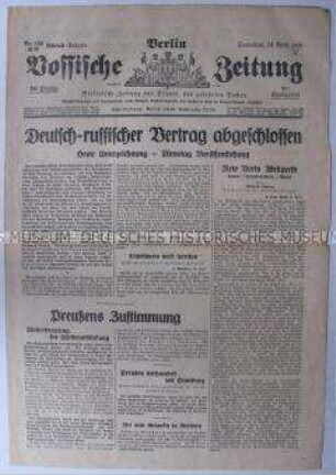 Tageszeitung "Vossische Zeitung" zum Abschluss des "Berliner Vertrages" zwischen Deutschland und der UdSSR
