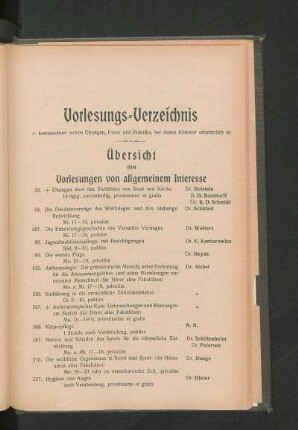 Übersicht über Vorlesungen von allgemeinem Interesse
