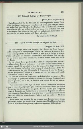 August Wilhelm von Schlegel an Auguste Louis de Staël-Holstein, Coppet, 26.08.1815