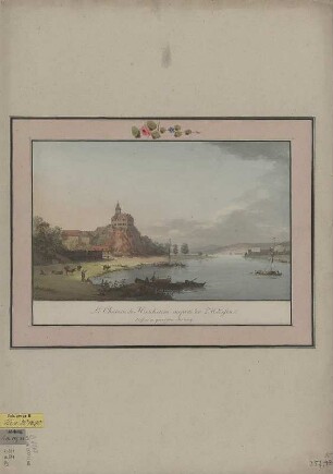 Ansicht des Schlosses Hirschstein bei Meißen, Kupferstich, um 1800 : Le Chateau de Hirschstein auprés Meissen / dessiné et gravé par Jentzsch. - [S.l.] , [um 1800]. - 1 Kunstbl. : Kupferst. ; 20 x 19 cm