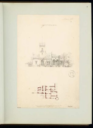 Gärtnerhaus in einem fürstlichen Park Monatskonkurrenz März 1861: Grundriss, Aufriss Vorderansicht; 2 Maßstabsleisten