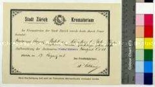 Bescheinigung des Krematoriums der Stadt Zürich über die Feuerbestattung des Reichstagsabgeordneten August Bebel