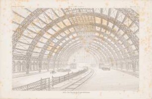 Bahnhof Friedrichstraße, Berlin: Perspektivische Innenansicht (aus: Atlas zur Zeitschrift für Bauwesen, hrsg. v. F. Endell, Jg. 35, 1885)
