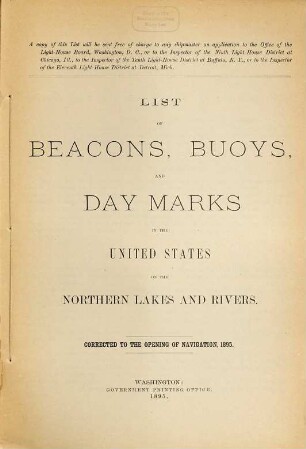 List of beacons, buoys, and day marks of the United States on the Northern lakes and rivers. 1895
