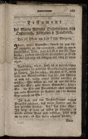 Testament der Maria Antonia Erzherzoginn von Oesterreich, Königinn v. Frankreich. Den 16. Oktob. um halb 5 Uhr Morgens.