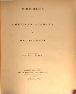 Memoirs of the American Academy of Arts and Sciences. 8. 1861/63